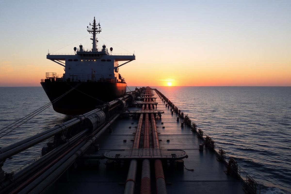 Tanker deck with pipelines at sunset