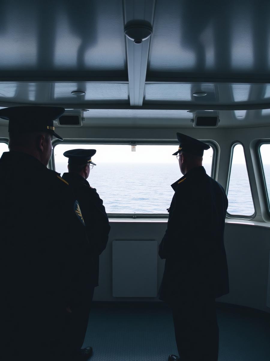 Ship officers on a tanker bridge looking out over the sea
