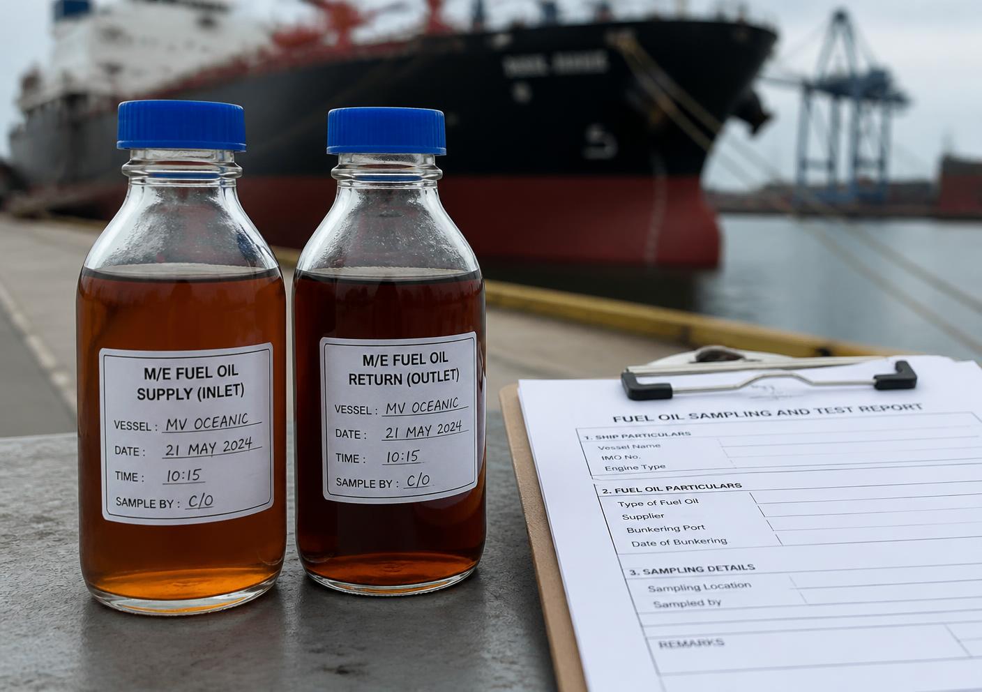 Marine surveyor inspecting bunker fuel samples and documentation in port