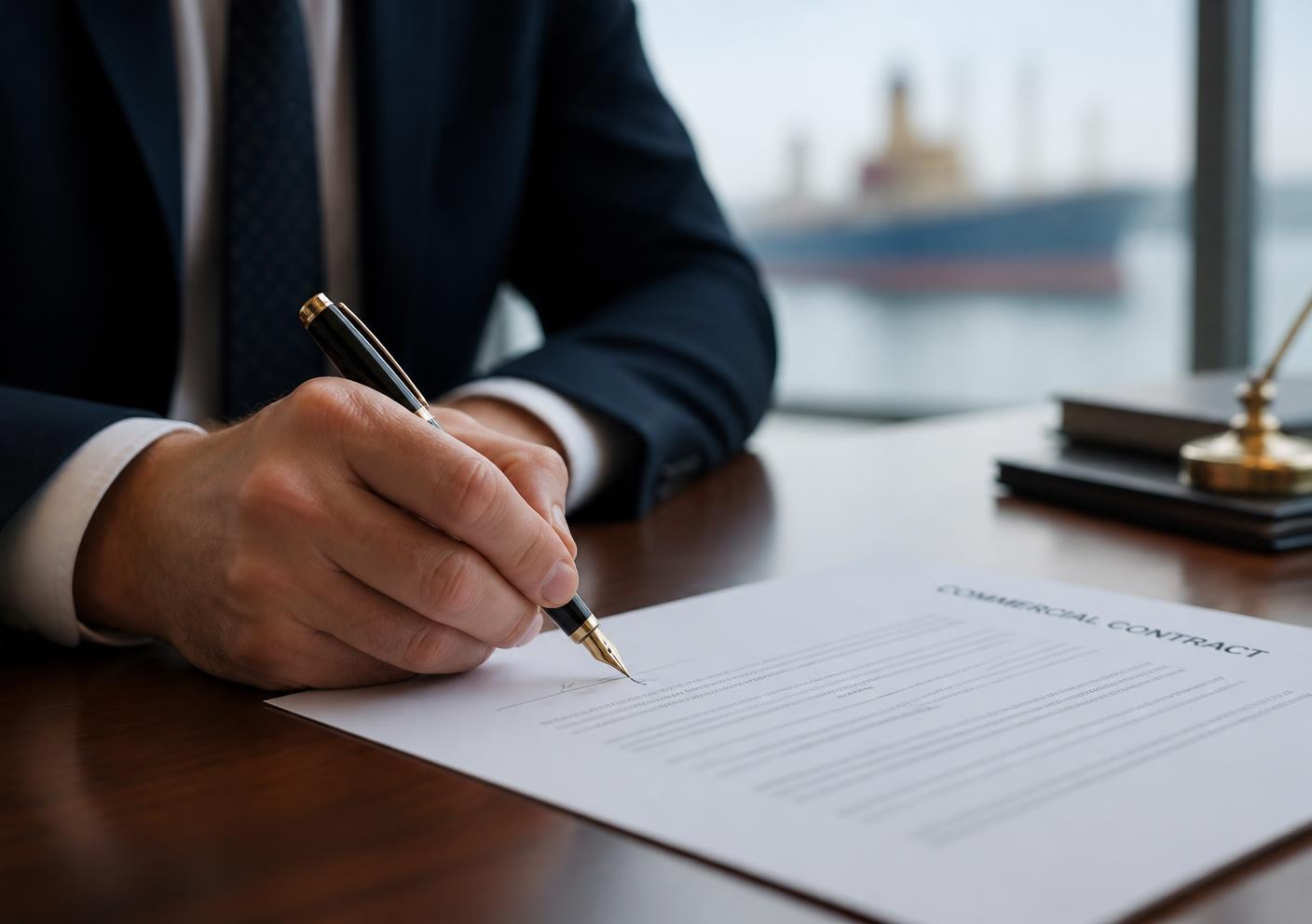 Signing a commercial contract at a desk