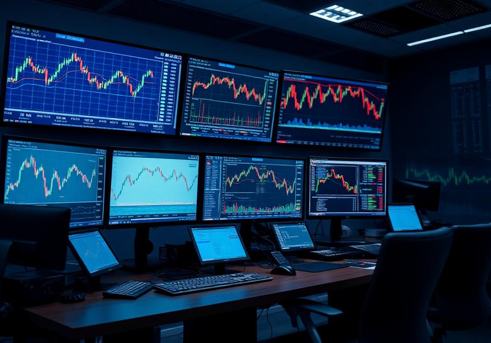 Financial market charts on trading screens